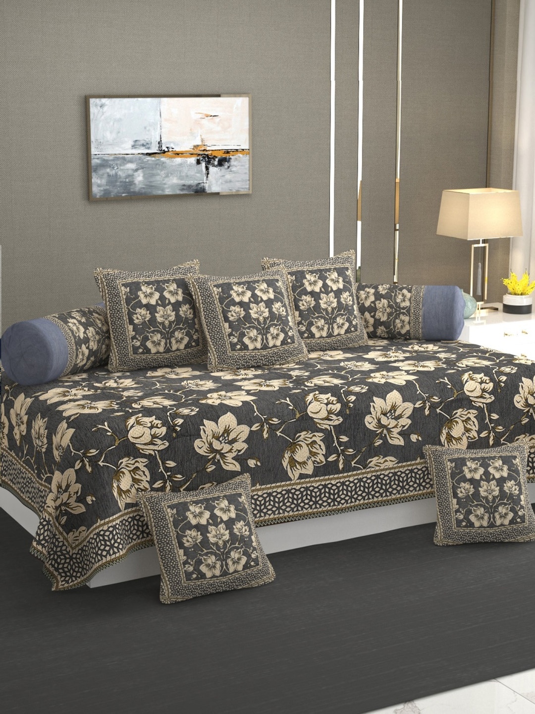 

MULTITEX Grey & Beige 8 Pieces Floral Printed Diwan Set