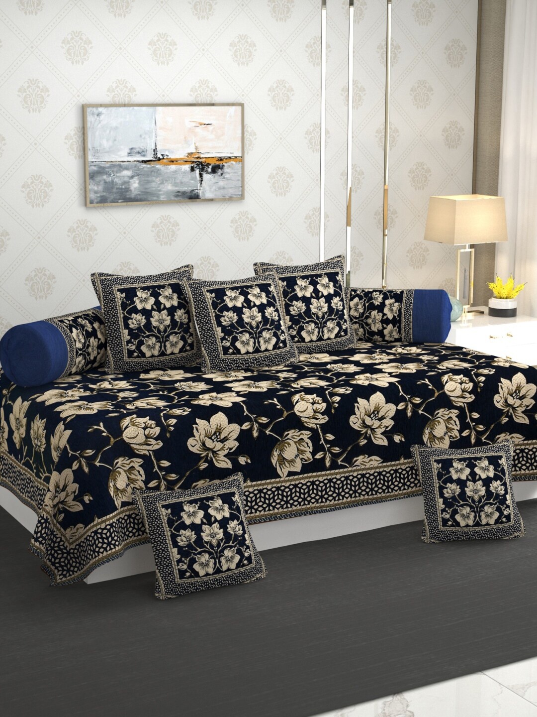 

MULTITEX Navy Blue & Cream 8 Pieces Floral Printed Diwan Set