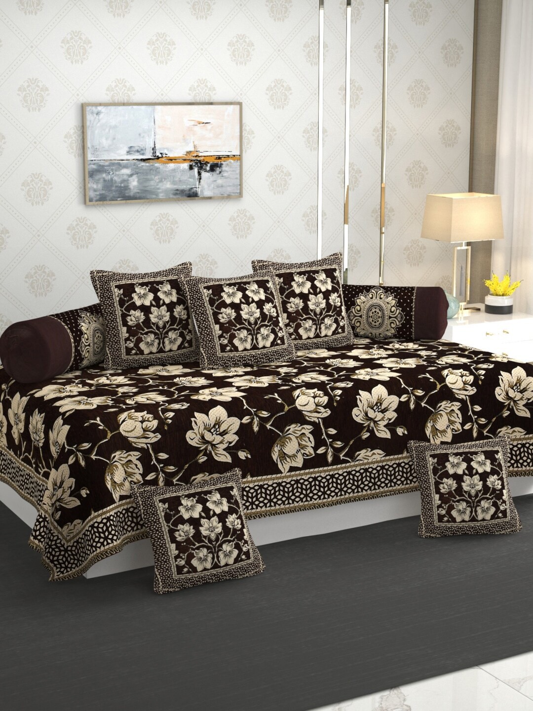 

MULTITEX Brown and Beige 5 Pieces Floral Sofa Cover With Table Cover & Diwan Set