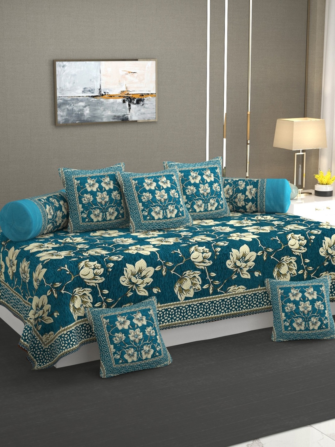 

MULTITEX Turquoise Blue and Green 5 Seater Floral Sofa Cover With Table Cover & Diwan Set