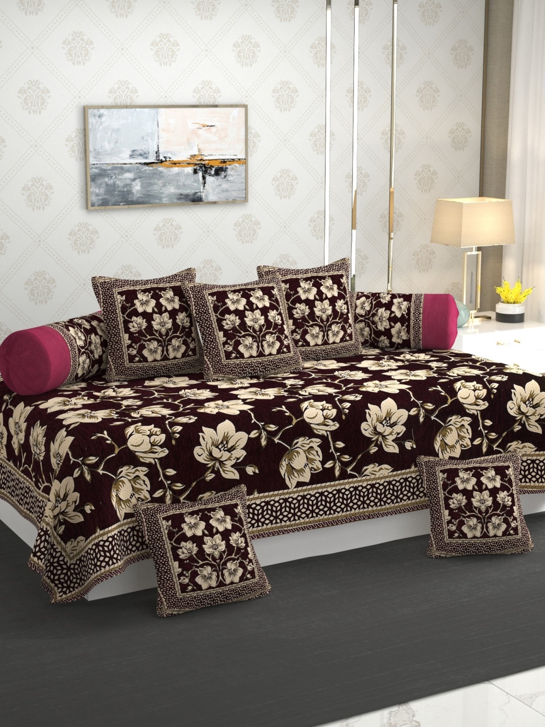 

MULTITEX Purple Floral Velvet 5 Seater Sofa Cover With Table Cover & Diwan Set