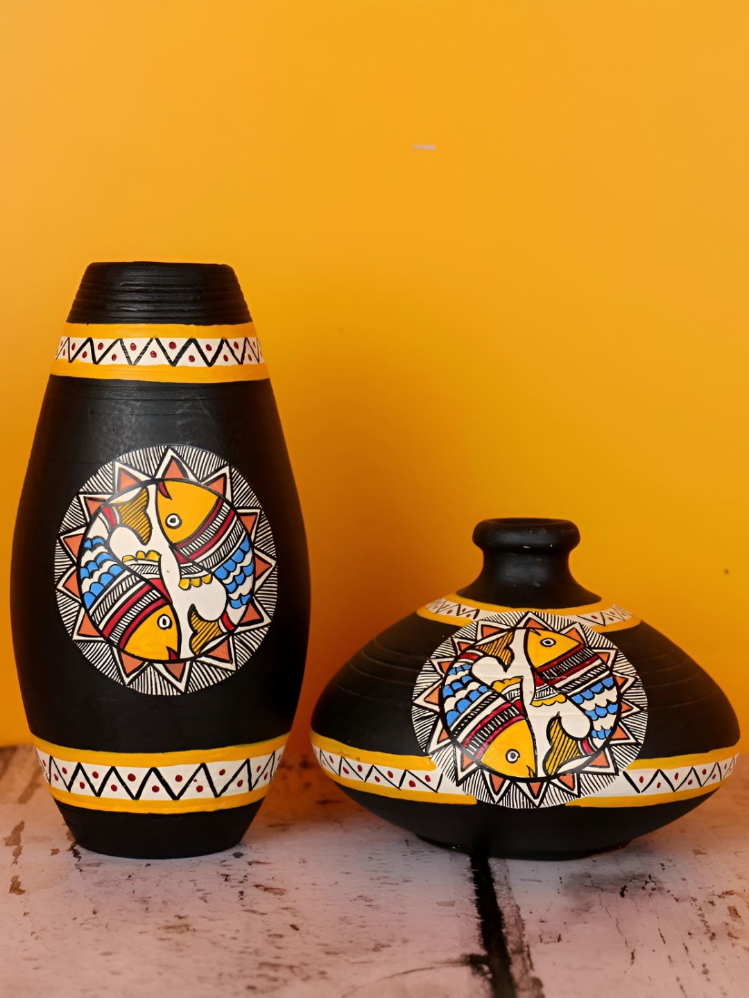 

ARTYSTA BEAUTIFYING LIVES Black & Mustard-Yellow 2 Pcs Madhubani Hand-Painted Flower Vases