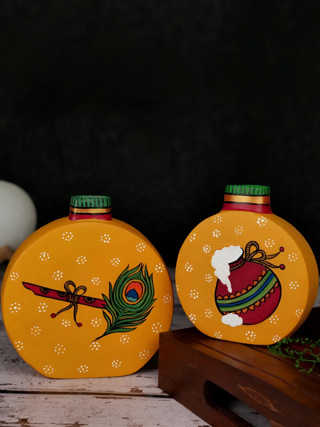 

ARTYSTA BEAUTIFYING LIVES Mustard-Yellow & Red 2 Pieces Hand-Painted Flower Vases