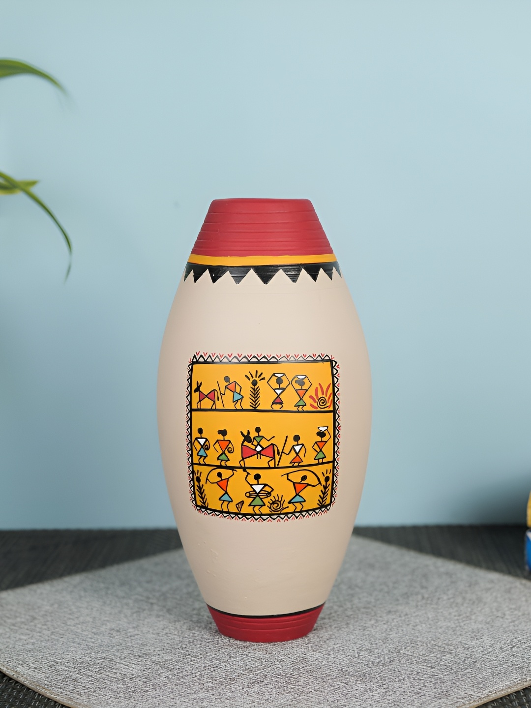 

ARTYSTA BEAUTIFYING LIVES Beige & Red Warli Jharokha Hand-Painted Flower Vase