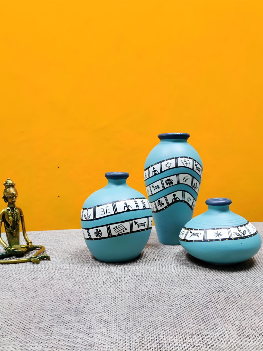 

ARTYSTA BEAUTIFYING LIVES Turquoise-Blue & White 3 Pieces Warli Hand-Painted Flower Vases