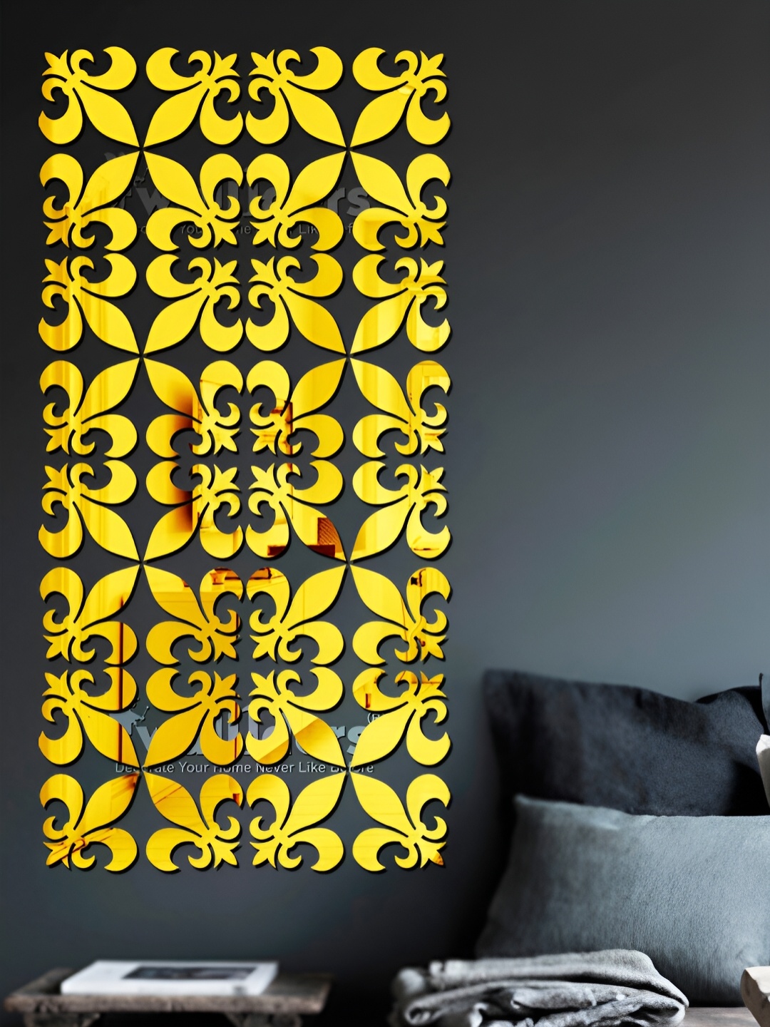 

Wall1ders Gold Toned 32 Pieces Flure Mirror Wall Stickers
