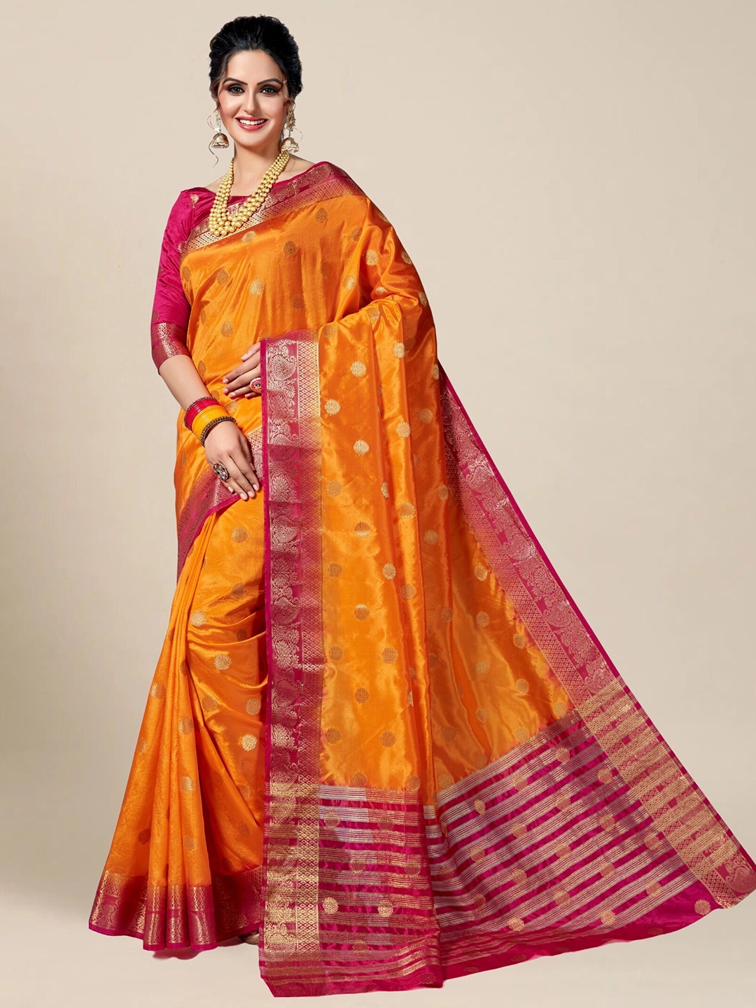 

MAGMINA Ethnic Motifs Woven Designed Zari Kanjeevaram Saree, Mustard