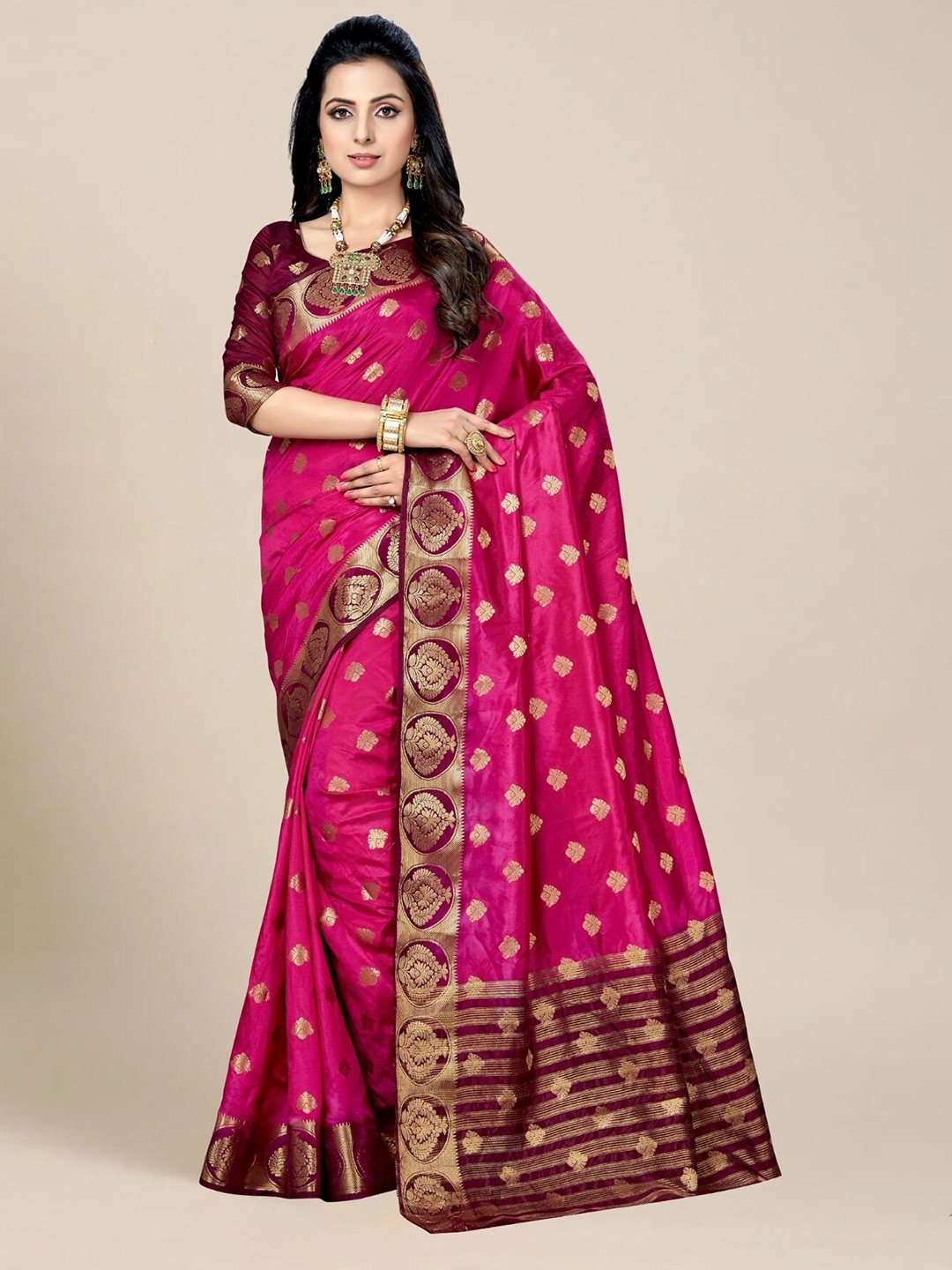 

MAGMINA Ethnic Motifs Woven Design Zari Kanjeevaram Saree, Pink