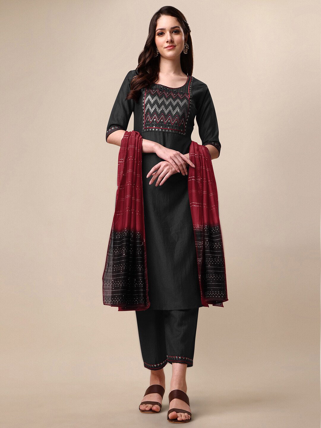 

KALINI Ethnic Motifs Yoke Design Sequinned Straight Kurta & Trousers With Dupatta, Black