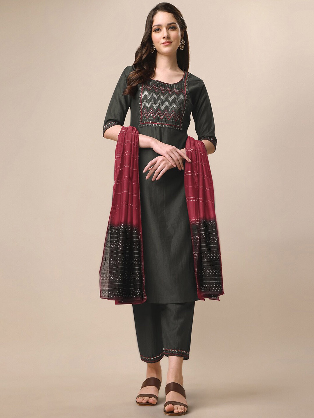 

KALINI Ethnic Motifs Yoke Design Sequinned Straight Kurta & Trousers With Dupatta, Grey