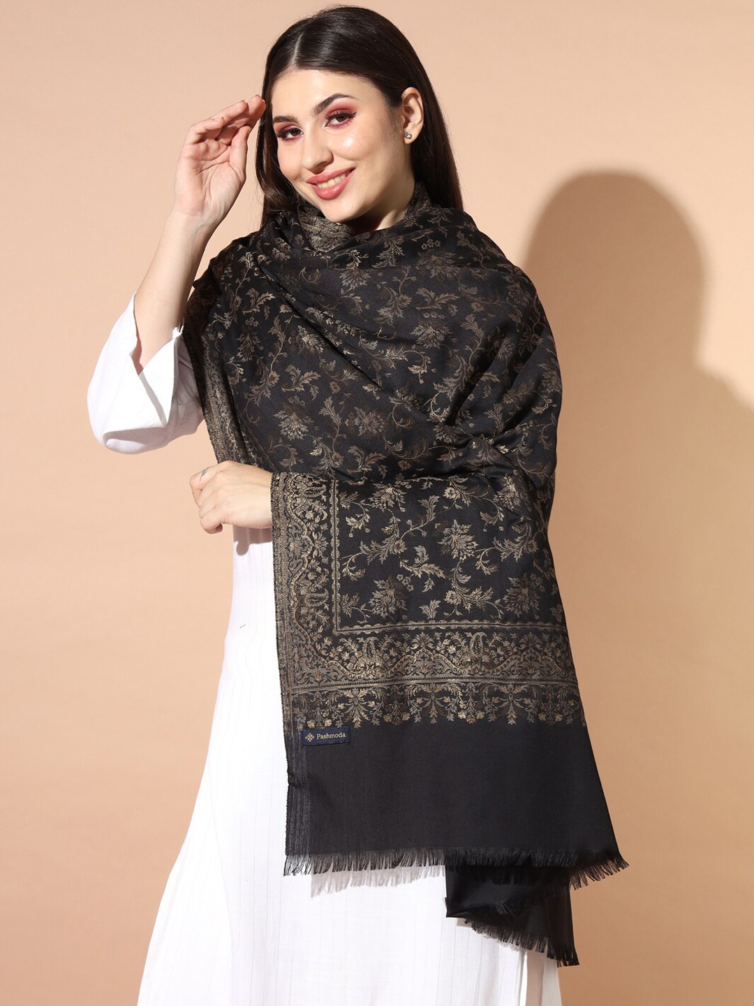 

Pashmoda Floral Woven Design Jamawar Shawl, Black