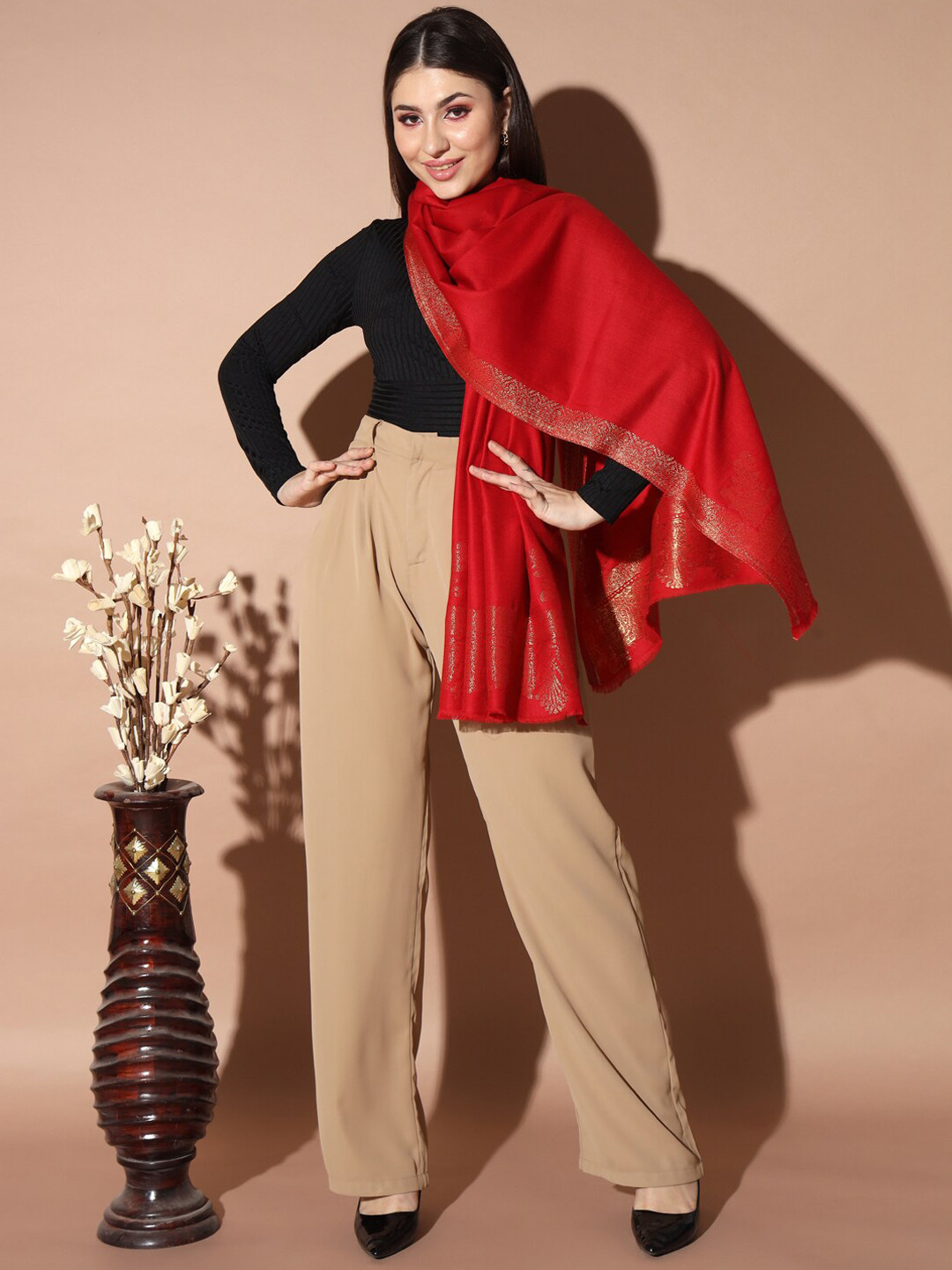 

Pashmoda Woven Design Jamawar Shawl, Red
