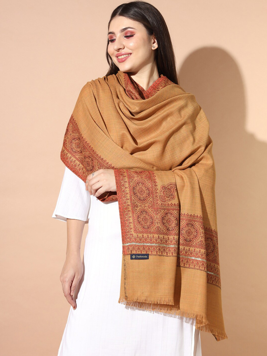

Pashmoda Ethnic Motifs Woven Design Jamawar Shawl, Brown