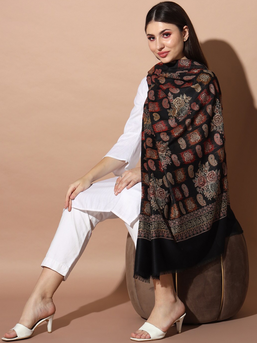 

Pashmoda Ethnic Motifs Woven Design Jamawar Shawl, Black