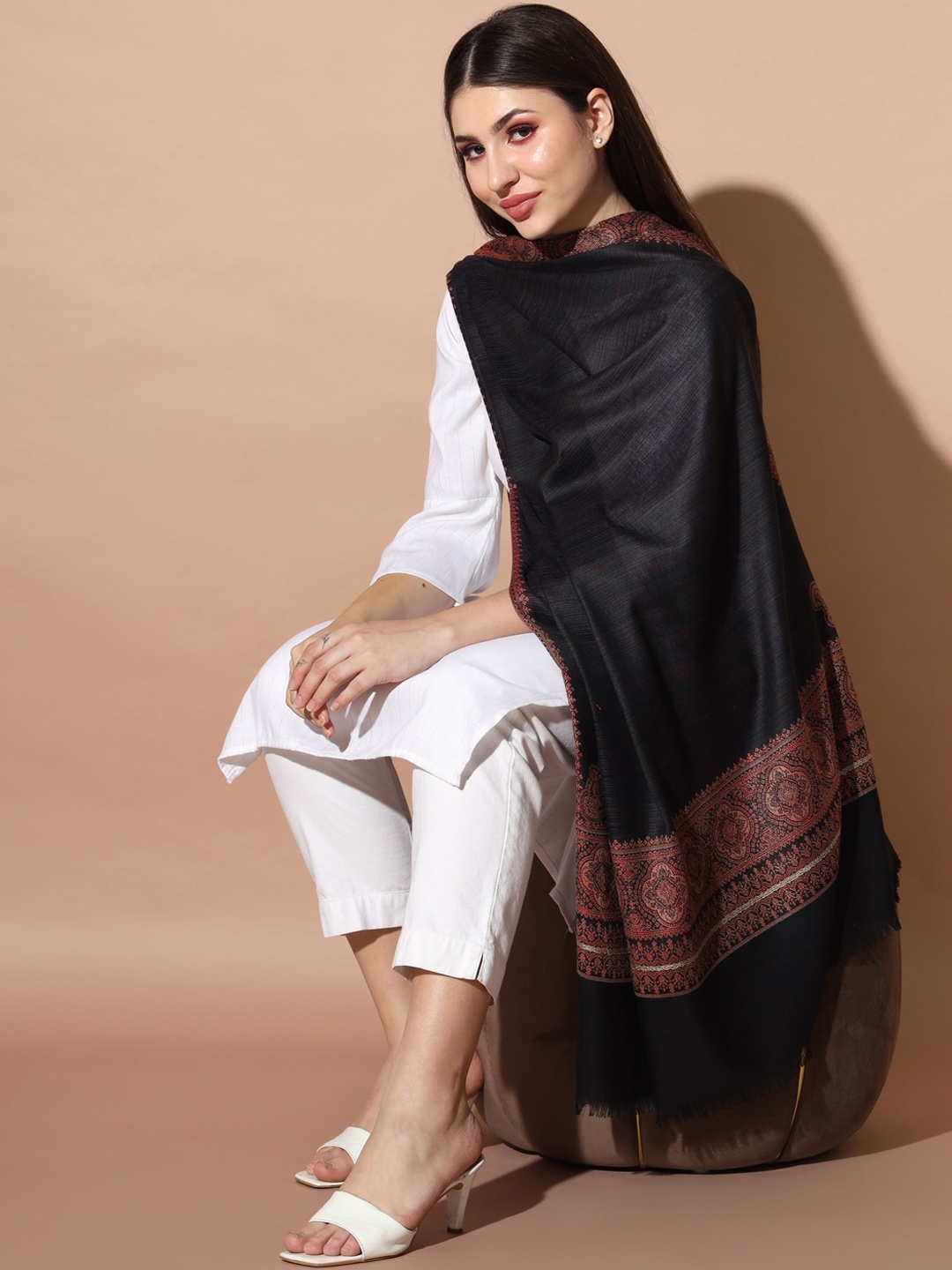 

Pashmoda Ethnic Motifs Woven Design Jamawar Shawl, Black