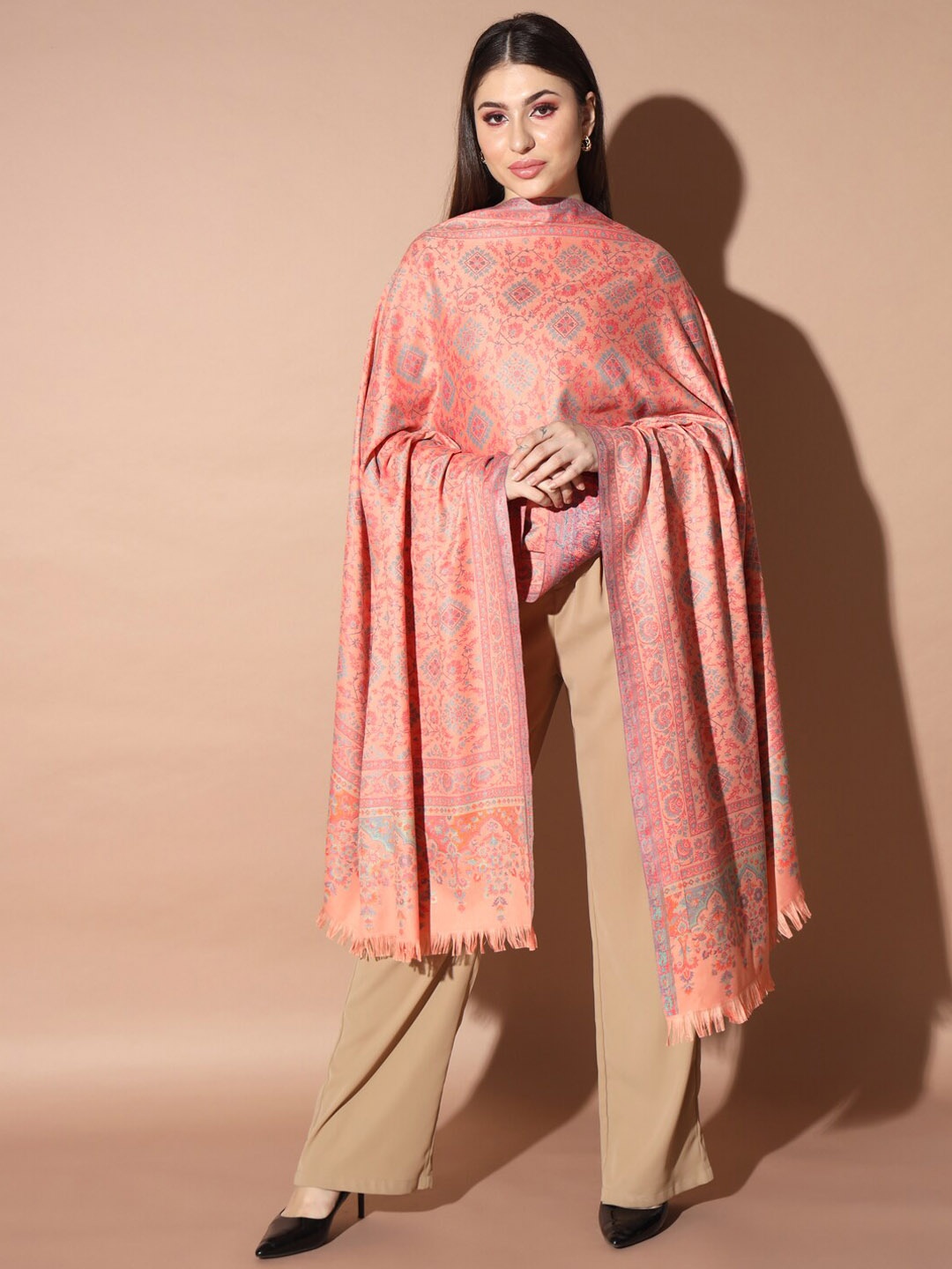 

Pashmoda Ethnic Motifs Woven Design Jamawar Shawl, Pink