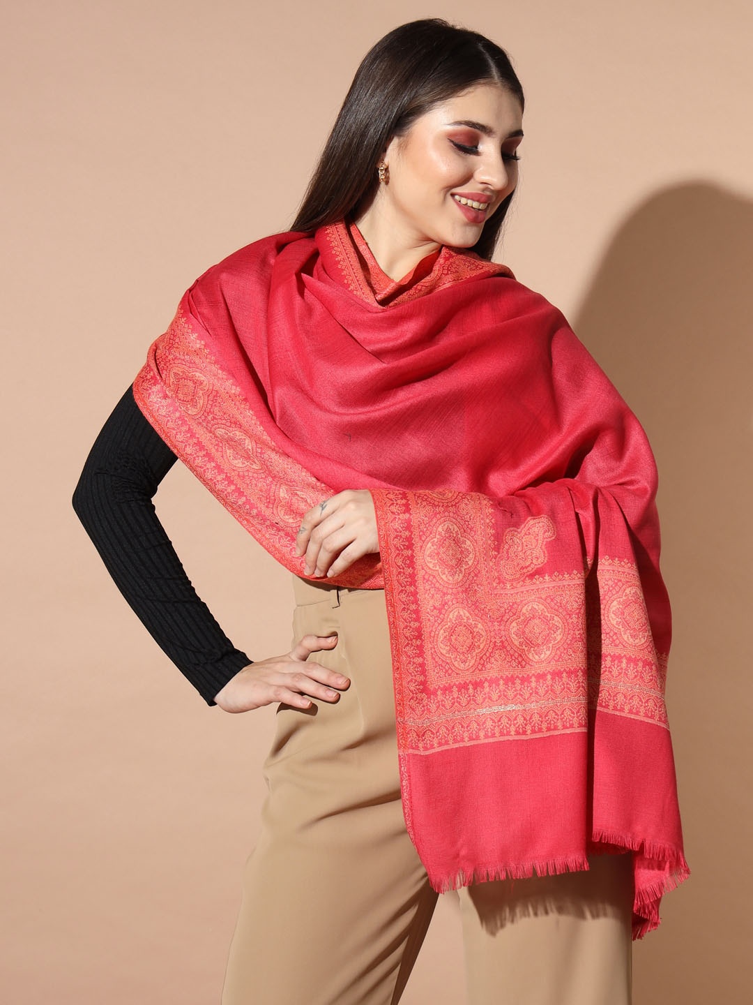 

Pashmoda Ethnic Motifs Woven Design Jamawar Shawl, Red