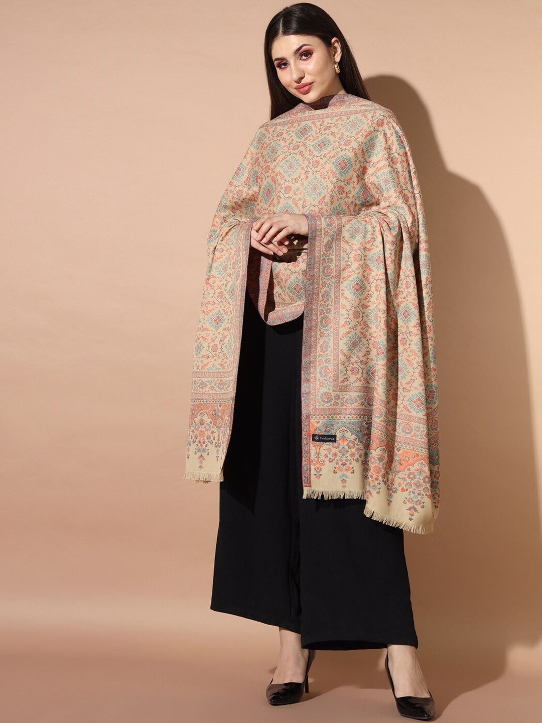 

Pashmoda Ethnic Motifs Woven Design Jamawar Shawl, Beige