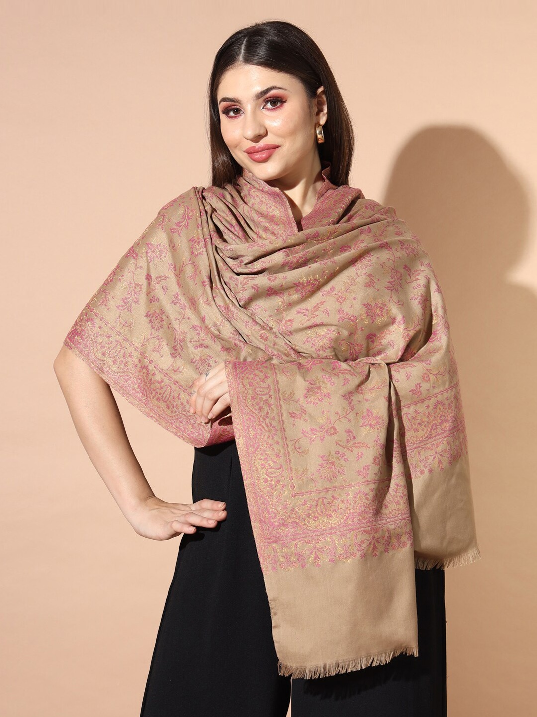 

Pashmoda Ethnic Motifs Woven Design Jamawar Shawl, Brown