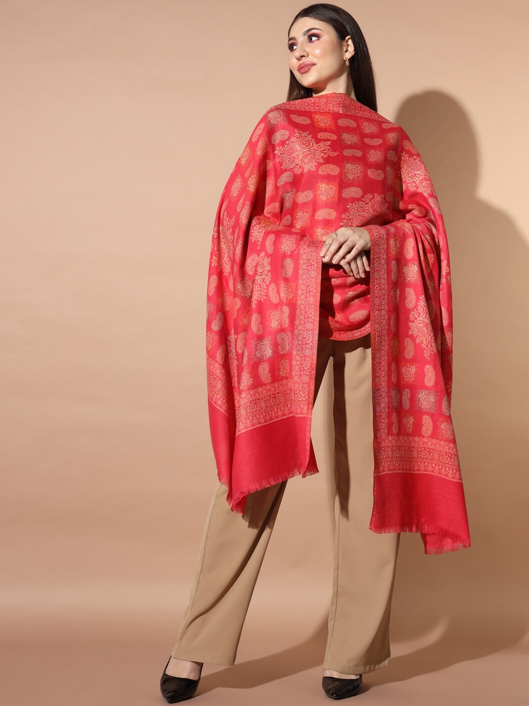 

Pashmoda Ethnic Motifs Woven Design Jamawar Shawl, Pink