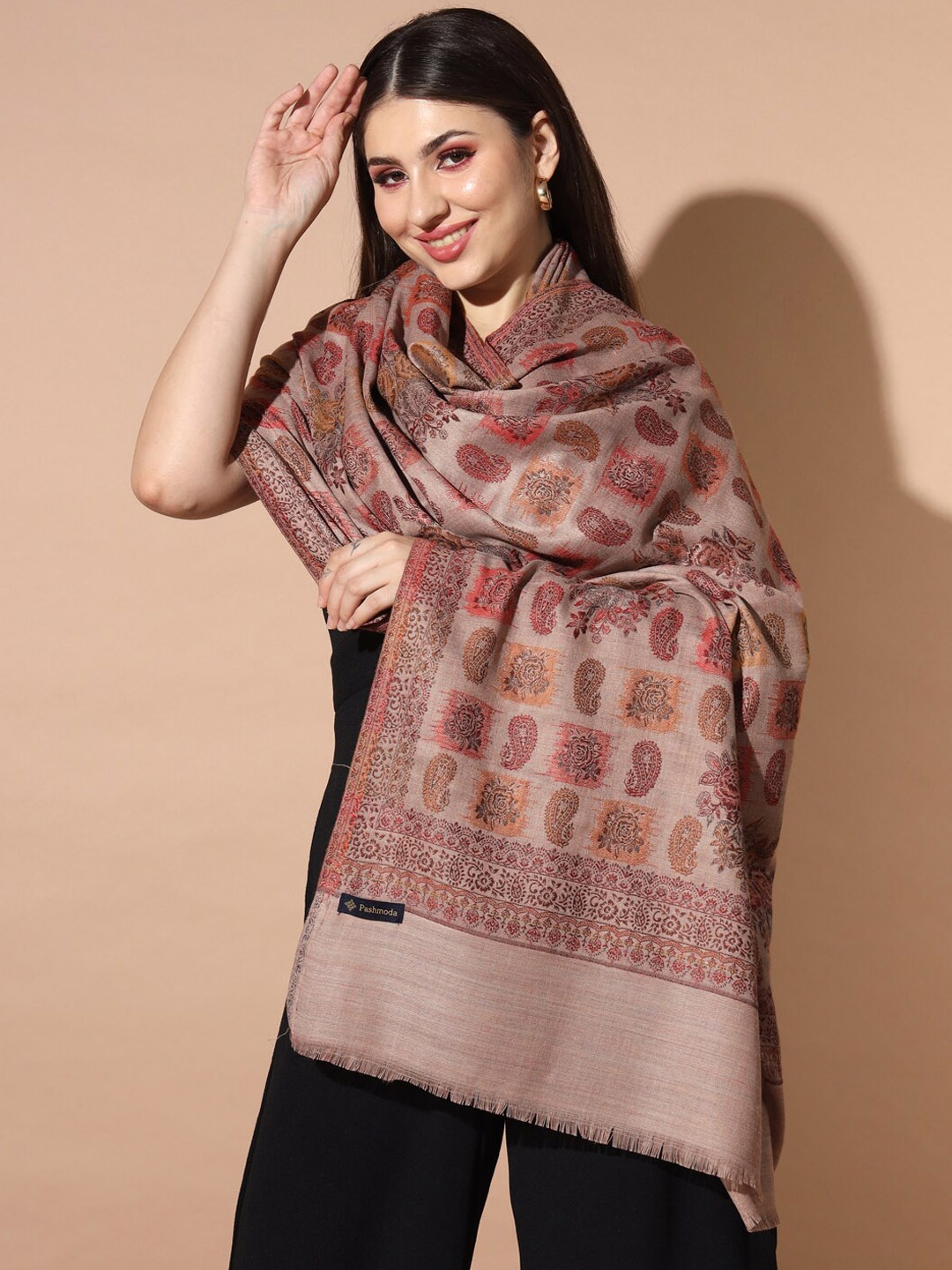 

Pashmoda Ethnic Motifs Woven Design Jamawar Shawl, Beige