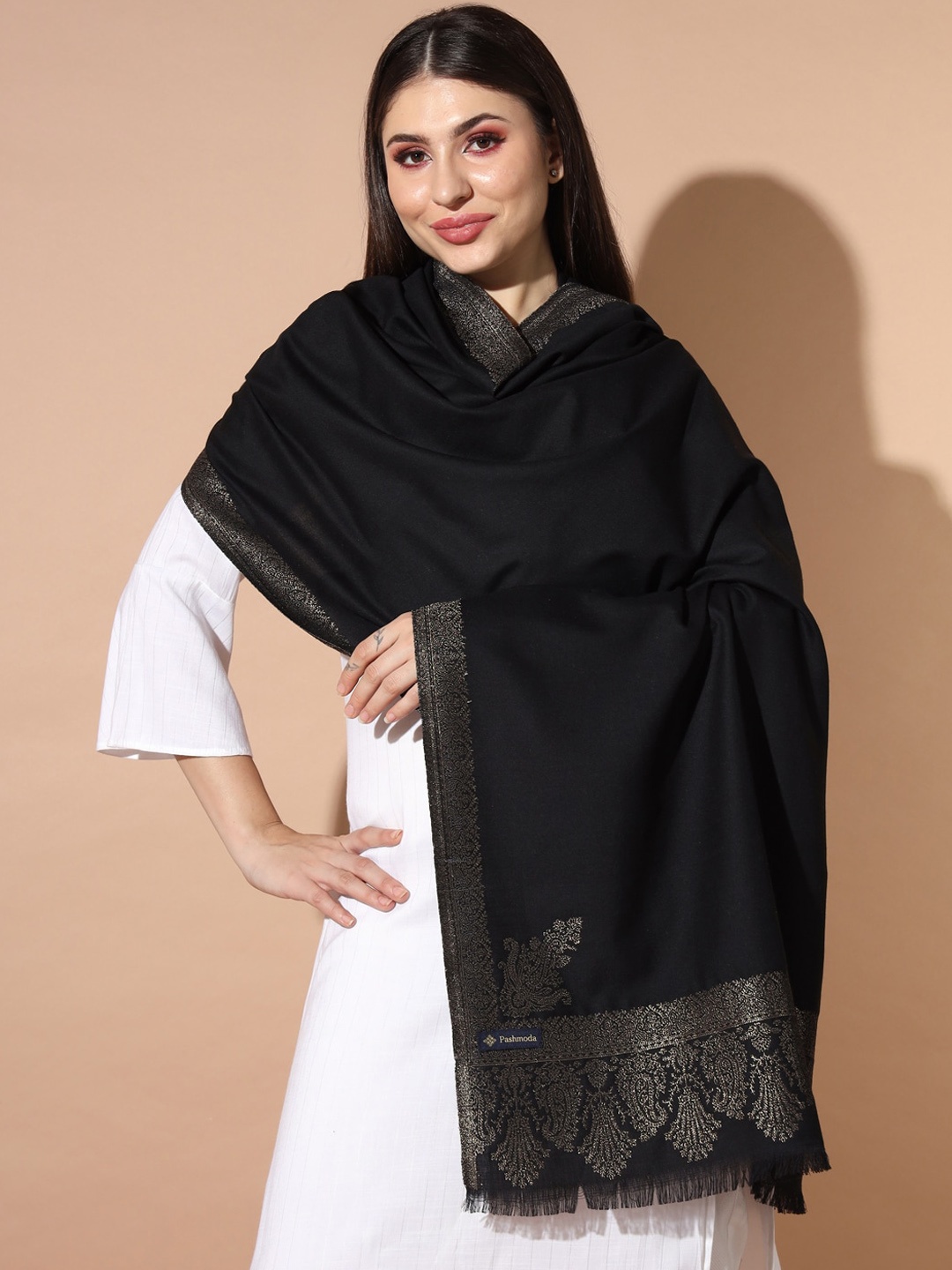 

Pashmoda Ethnic Motifs Woven Design Jamawar Shawl, Black