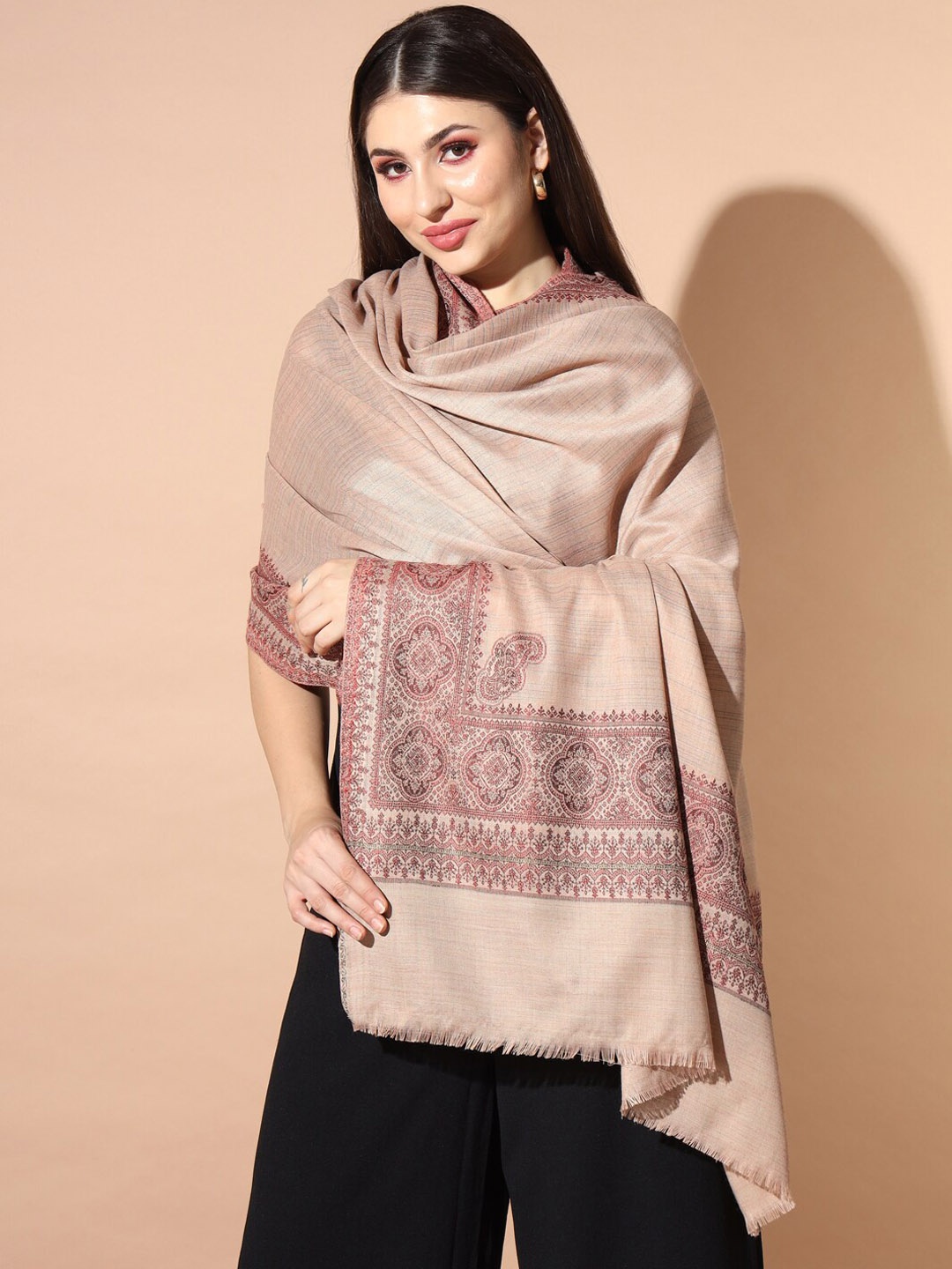 

Pashmoda Ethnic Motifs Woven Design Jamawar Shawl, Beige