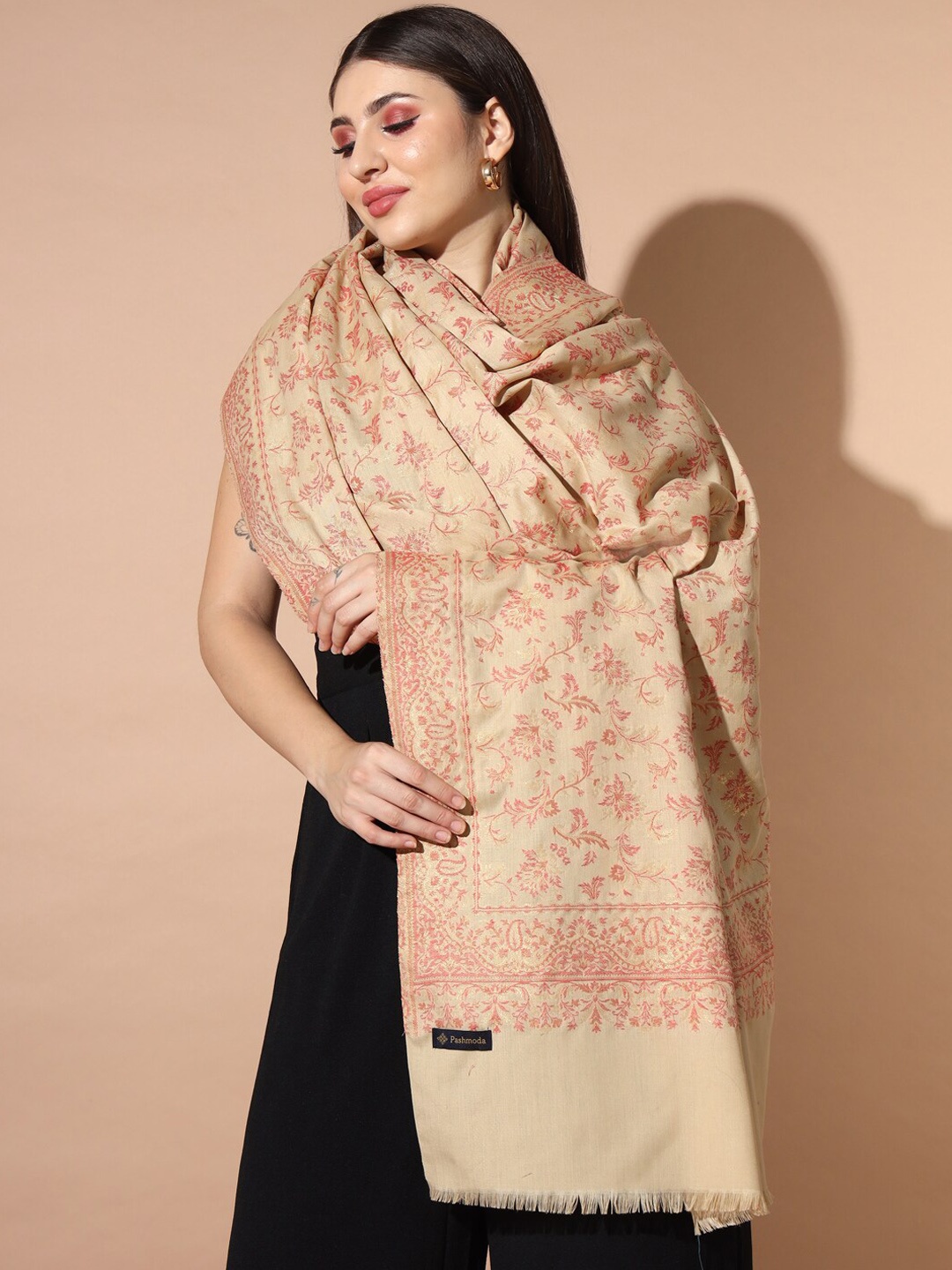 

Pashmoda Ethnic Motifs Woven Design Jamawar Shawl, Beige