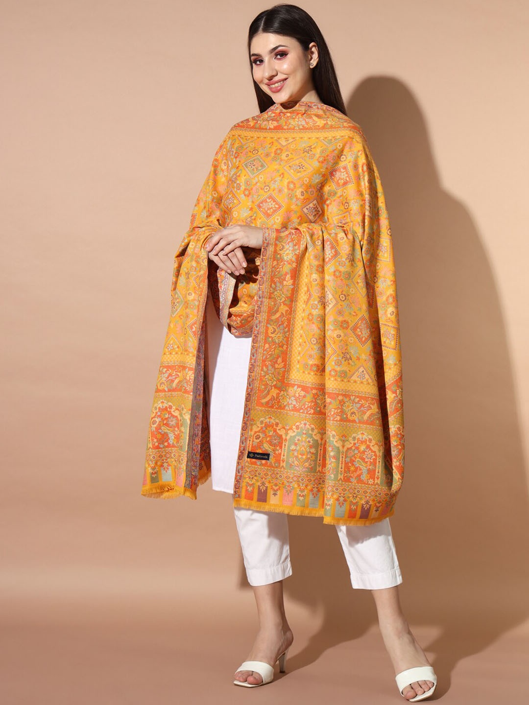 

Pashmoda Ethnic Motifs Woven Design Jamawar Shawl, Yellow