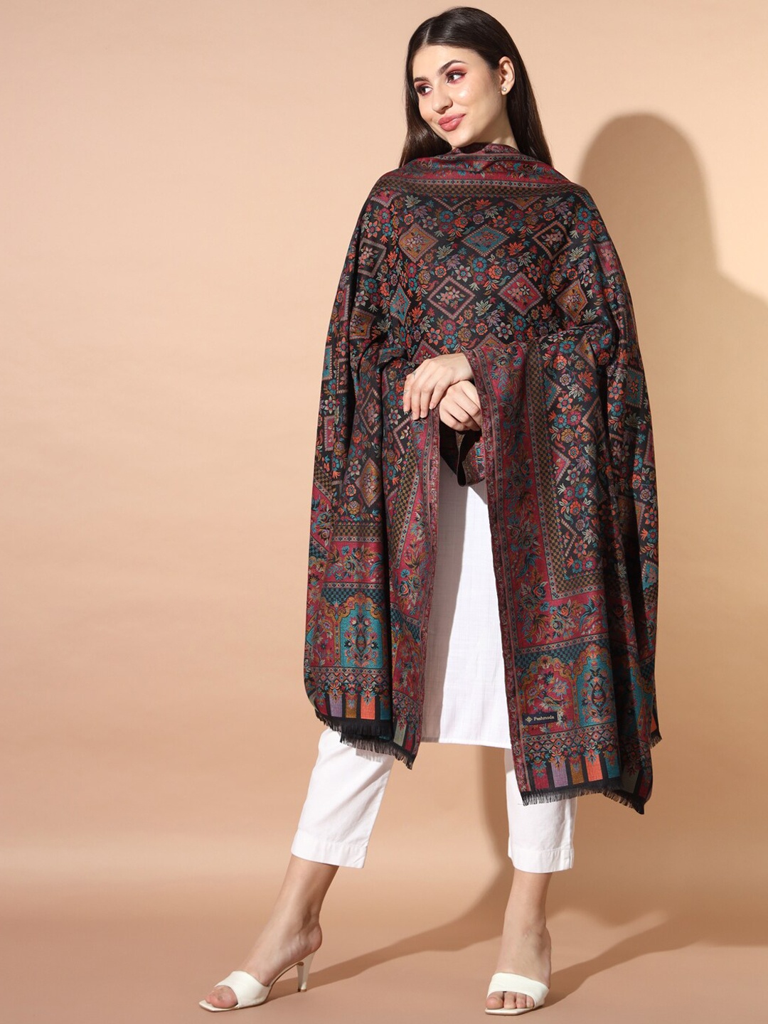 

Pashmoda Ethnic Motifs Woven Design Jamawar Shawl, Black