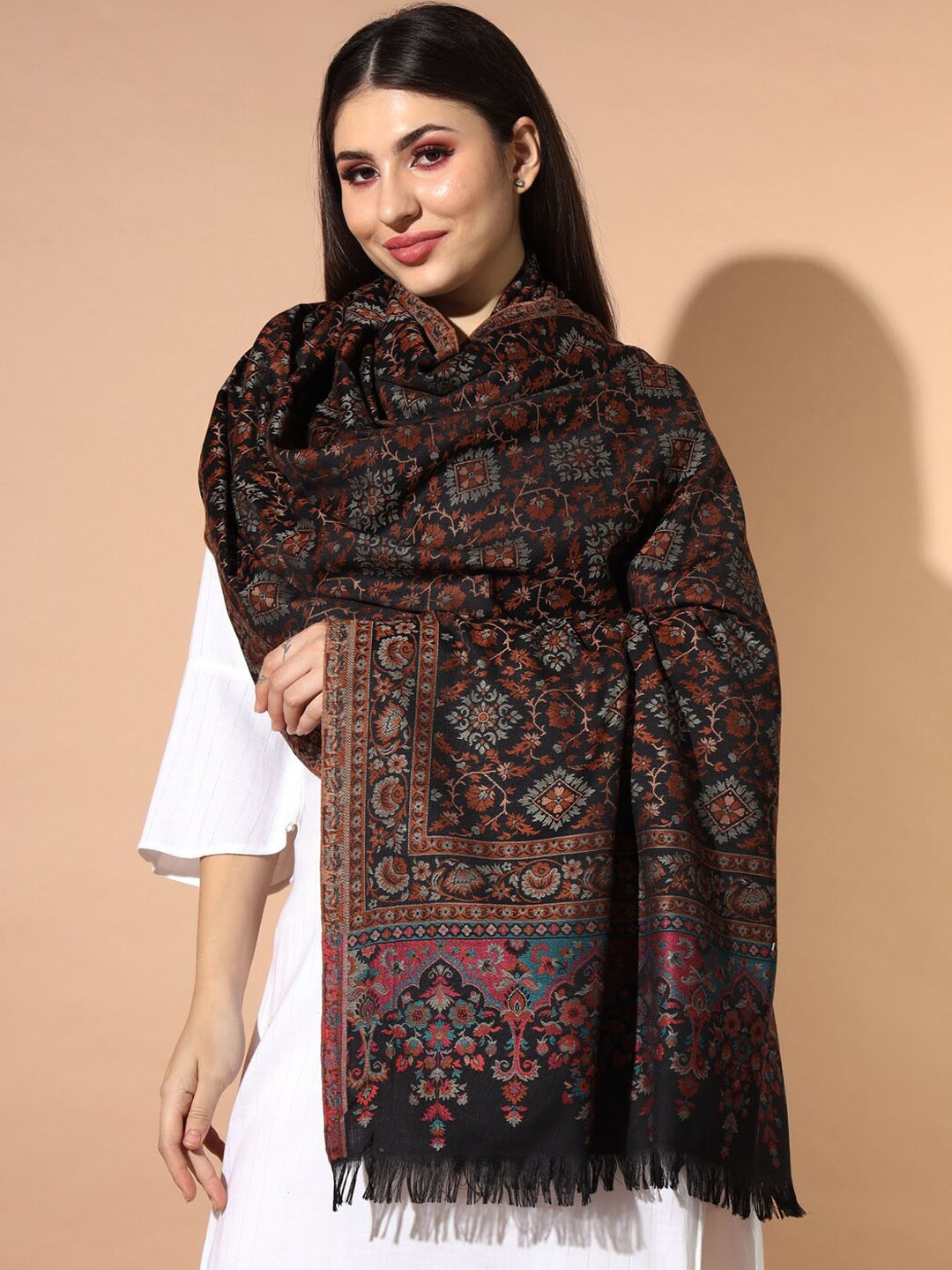 

Pashmoda Ethnic Motifs Woven Design Jamawar Shawl, Black