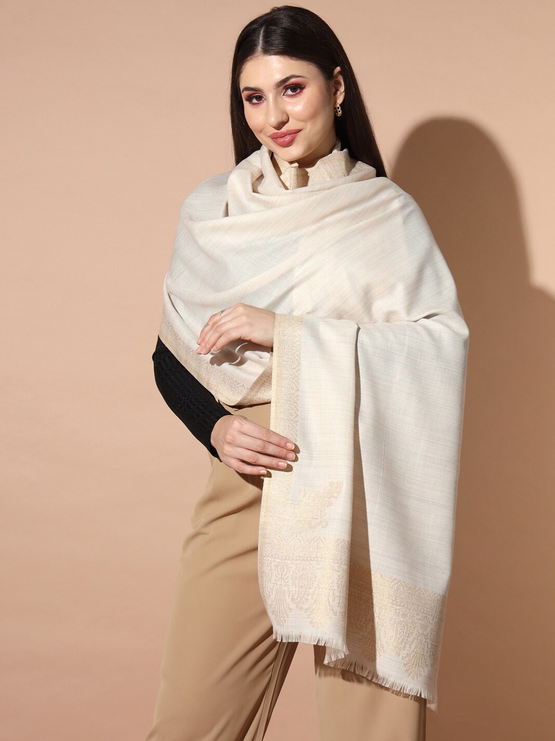 

Pashmoda Floral Woven Designed Shawl, White