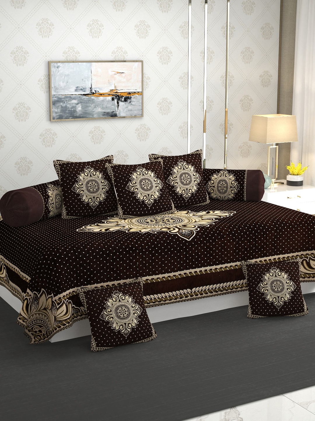 

MULTITEX Brown Ethnic Motifs 5 Seater Sofa Cover With Table Cover & Diwan Set