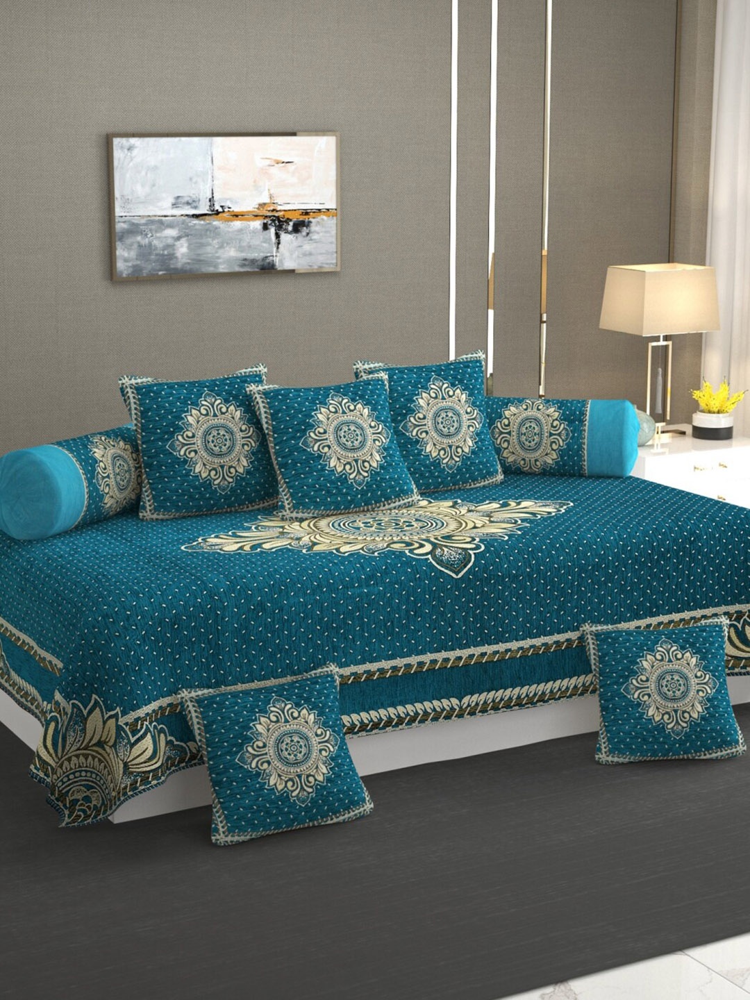 

MULTITEX Turquoise Blue Ethnic Motifs 5 Seater Sofa Cover With Table Cover & Diwan Set