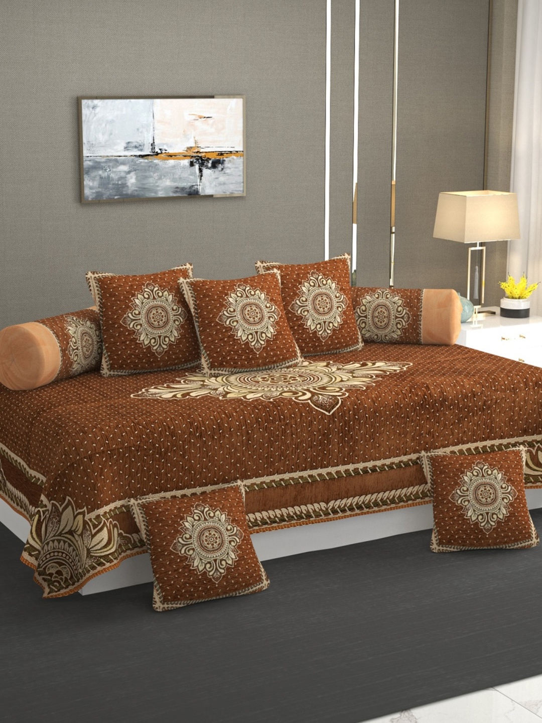 

MULTITEX Peach Coloured Ethnic Motifs 5 Seater Sofa Cover With Table Cover & Diwan Set