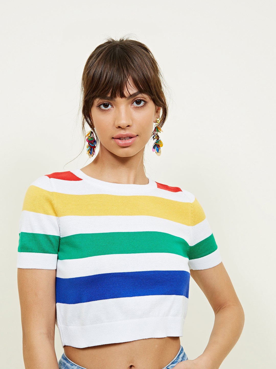 

BAESD Striped Round Neck Woollen Crop Top, White