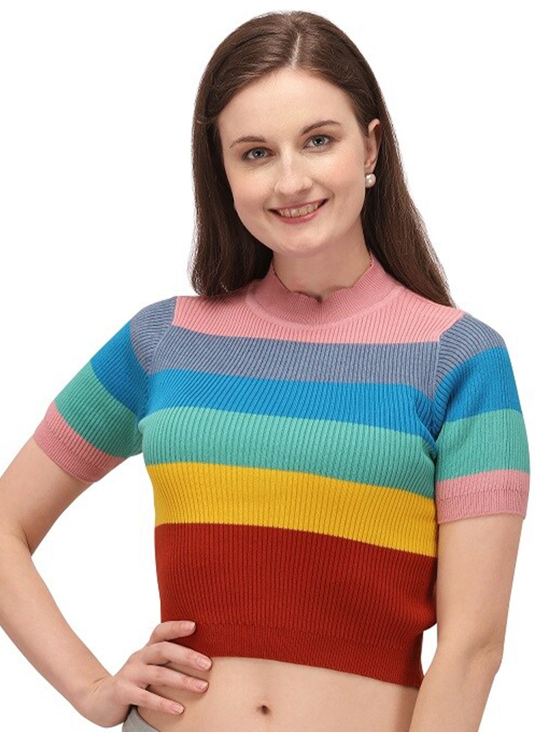 

BAESD Candy Striped High Neck Woollen Top, Peach