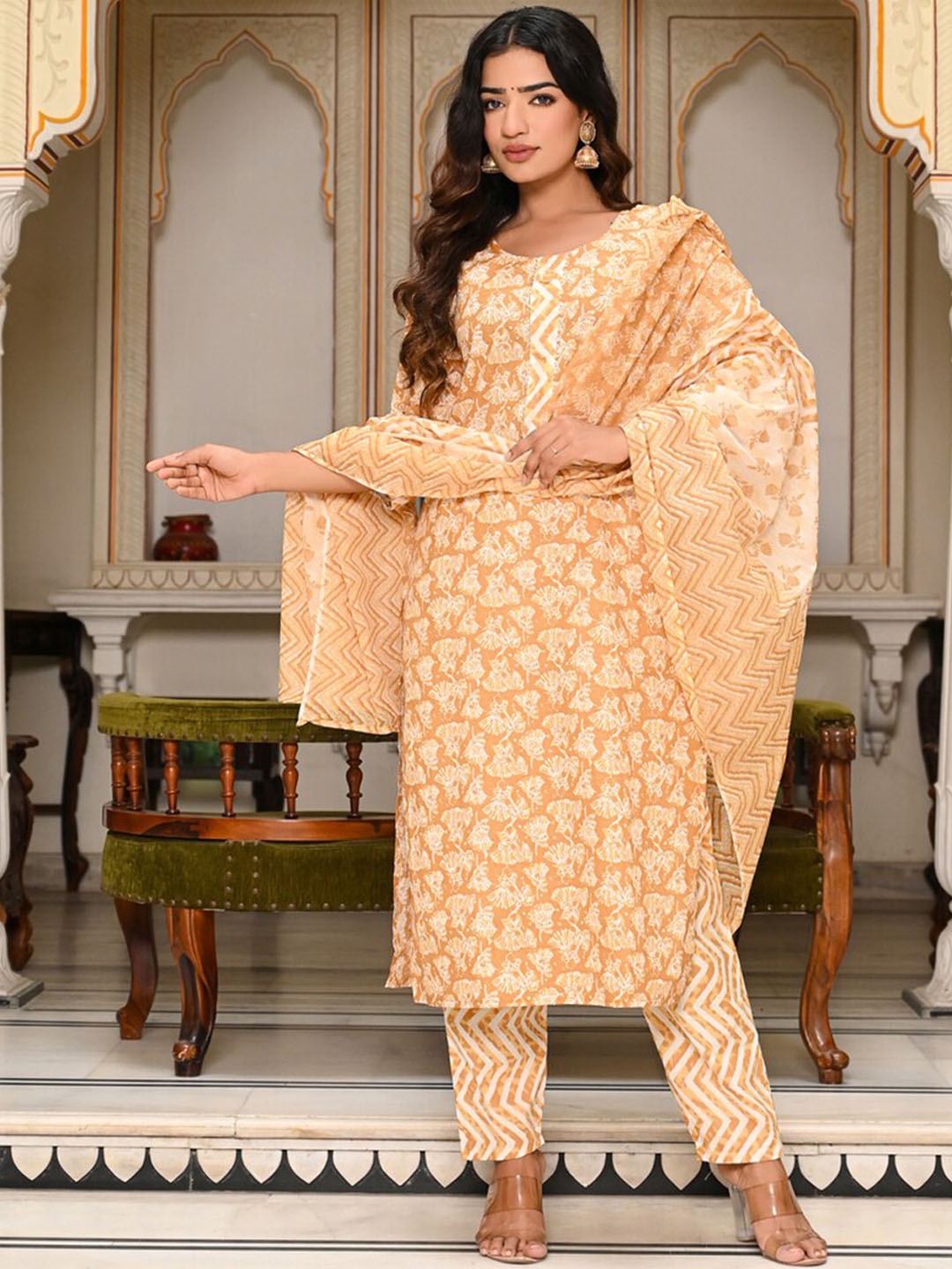 

Indi INSIDE Ethnic Motifs Printed Pure Cotton Straight Kurta & Trousers With Dupatta, Mustard