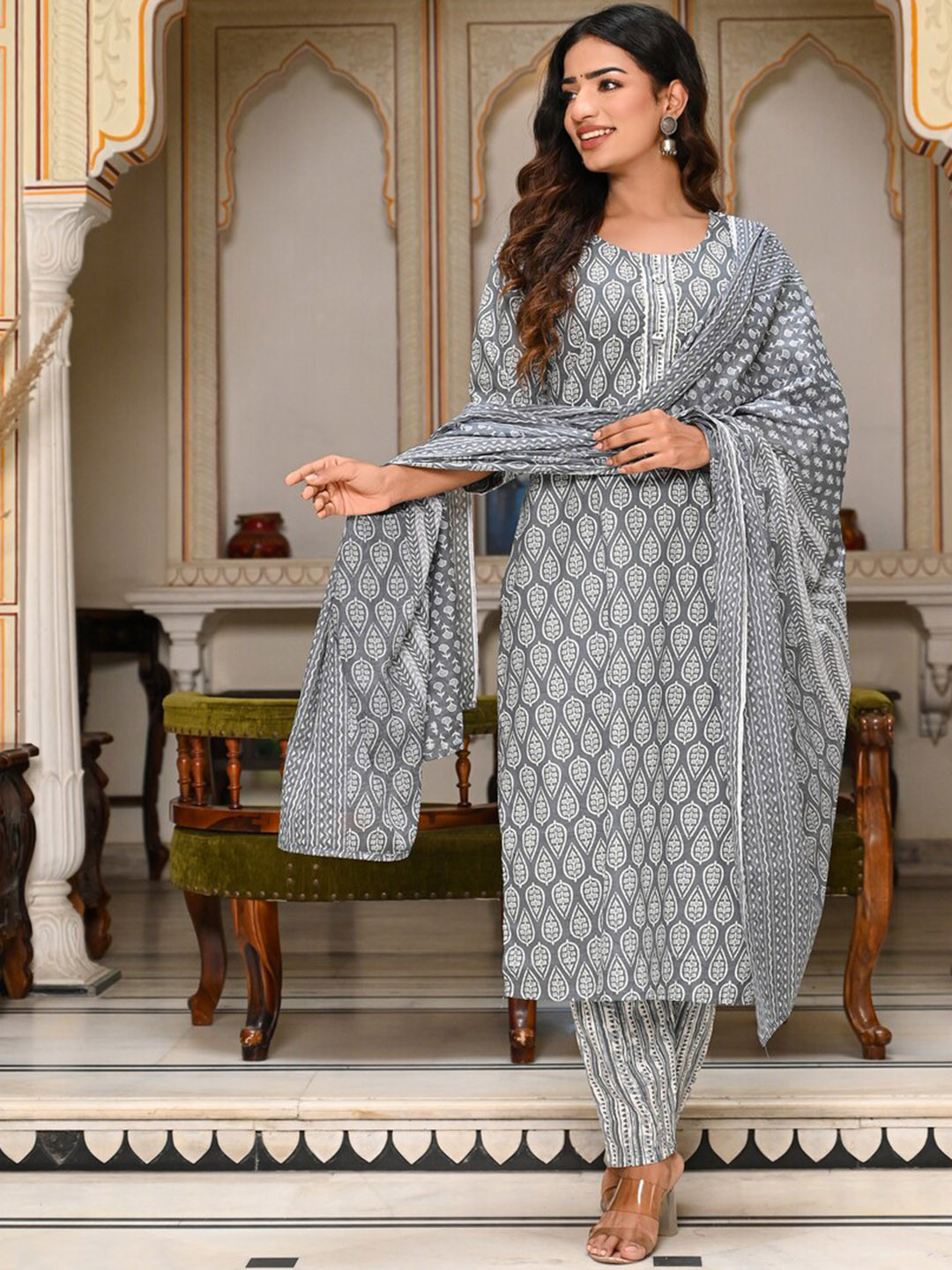 

Indi INSIDE Ethnic Motifs Printed Pure Cotton Straight Kurta & Trousers With Dupatta, Grey