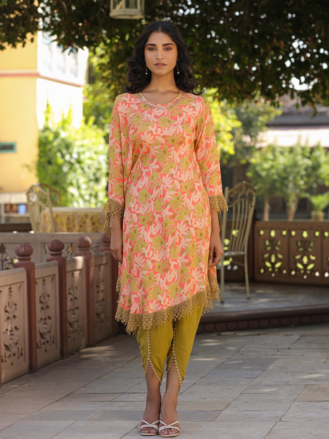 

SCAKHI Floral Printed Kaftan Kurta With Dhoti Pants, Peach