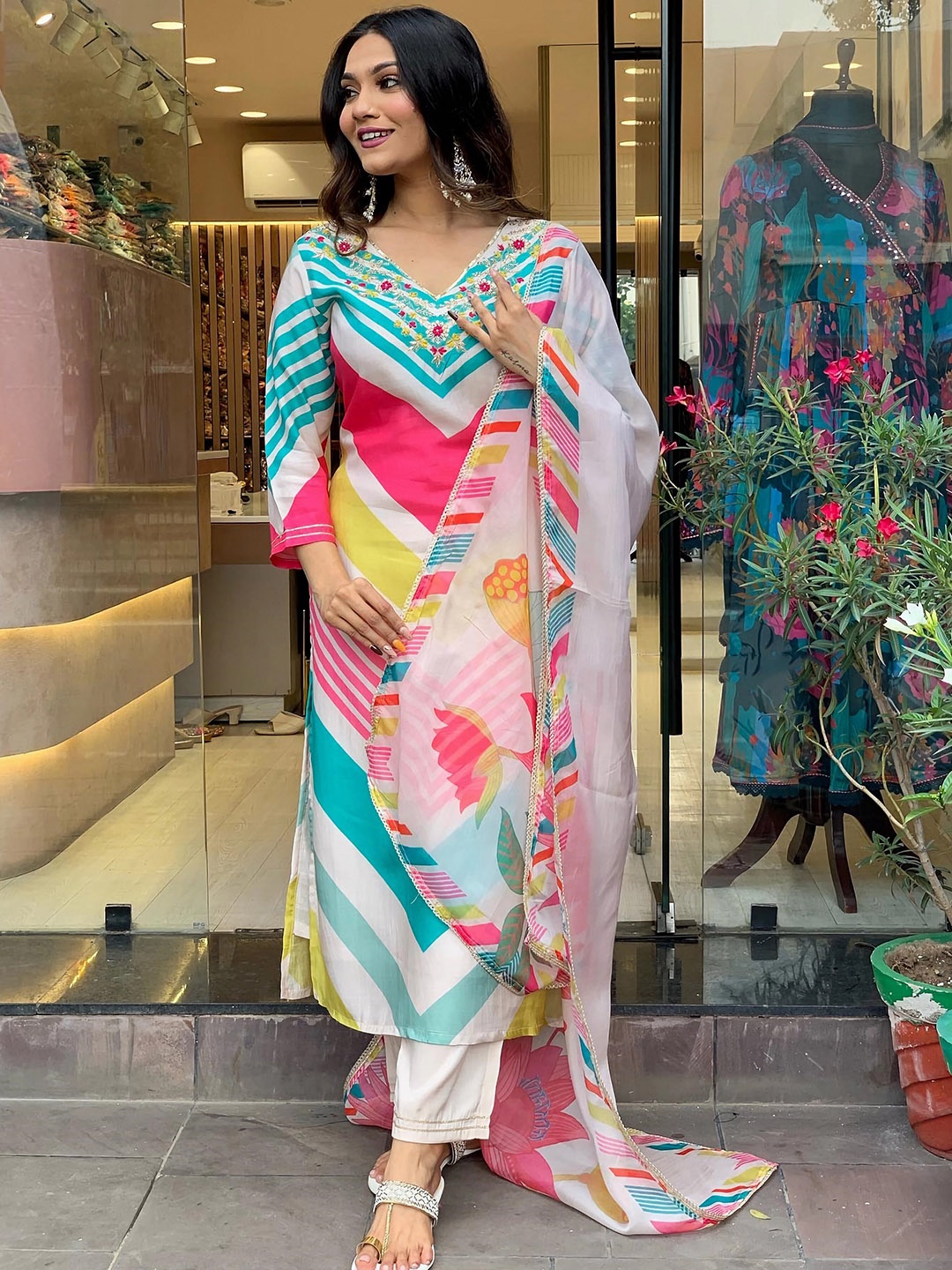 

KALINI Striped V-Neck Thread Work Detailed Straight Kurta & Trouser With Dupatta, Pink