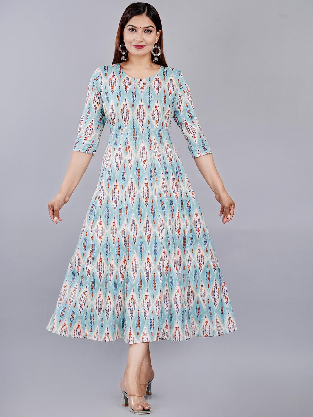 

KALINI Geometric Printed Fit and Flare Midi Ethnic Dress, Blue