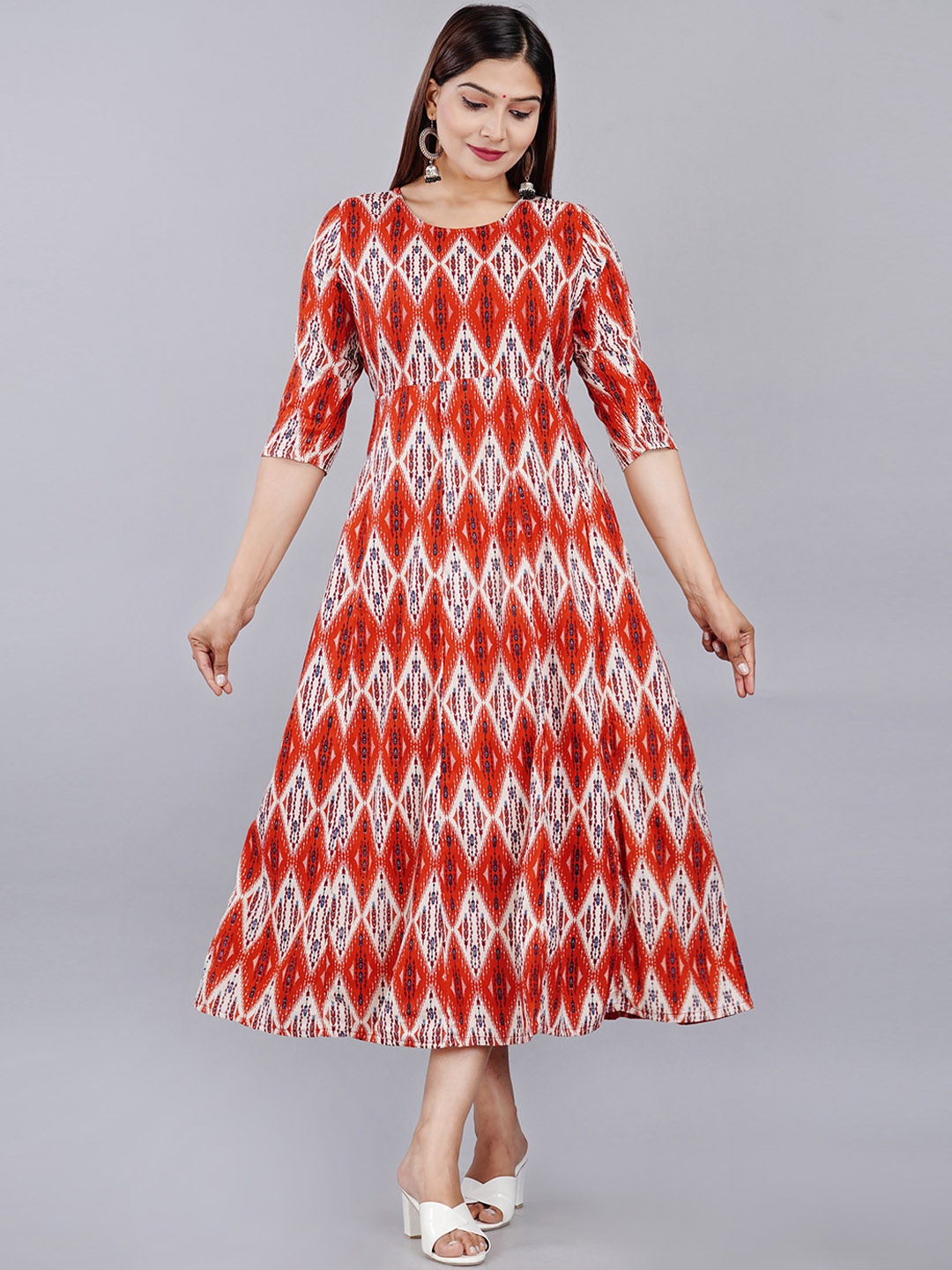 

KALINI Geometric Printed Round Neck Gathered Fit & Flare Midi Ethnic Dress, Red
