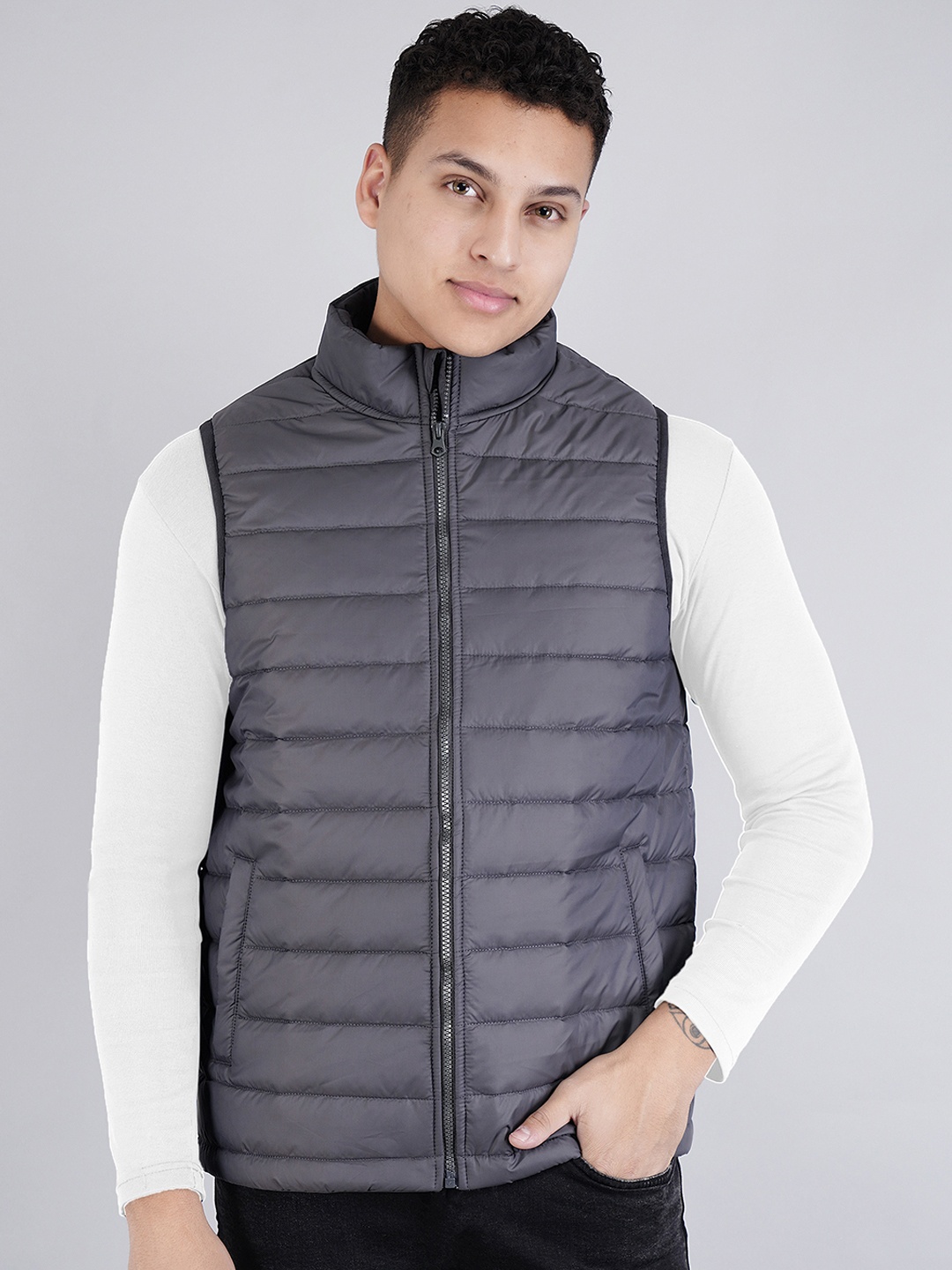 

BESIMPLE Mock Collar Sleeveless Windcheater Padded Jacket, Grey