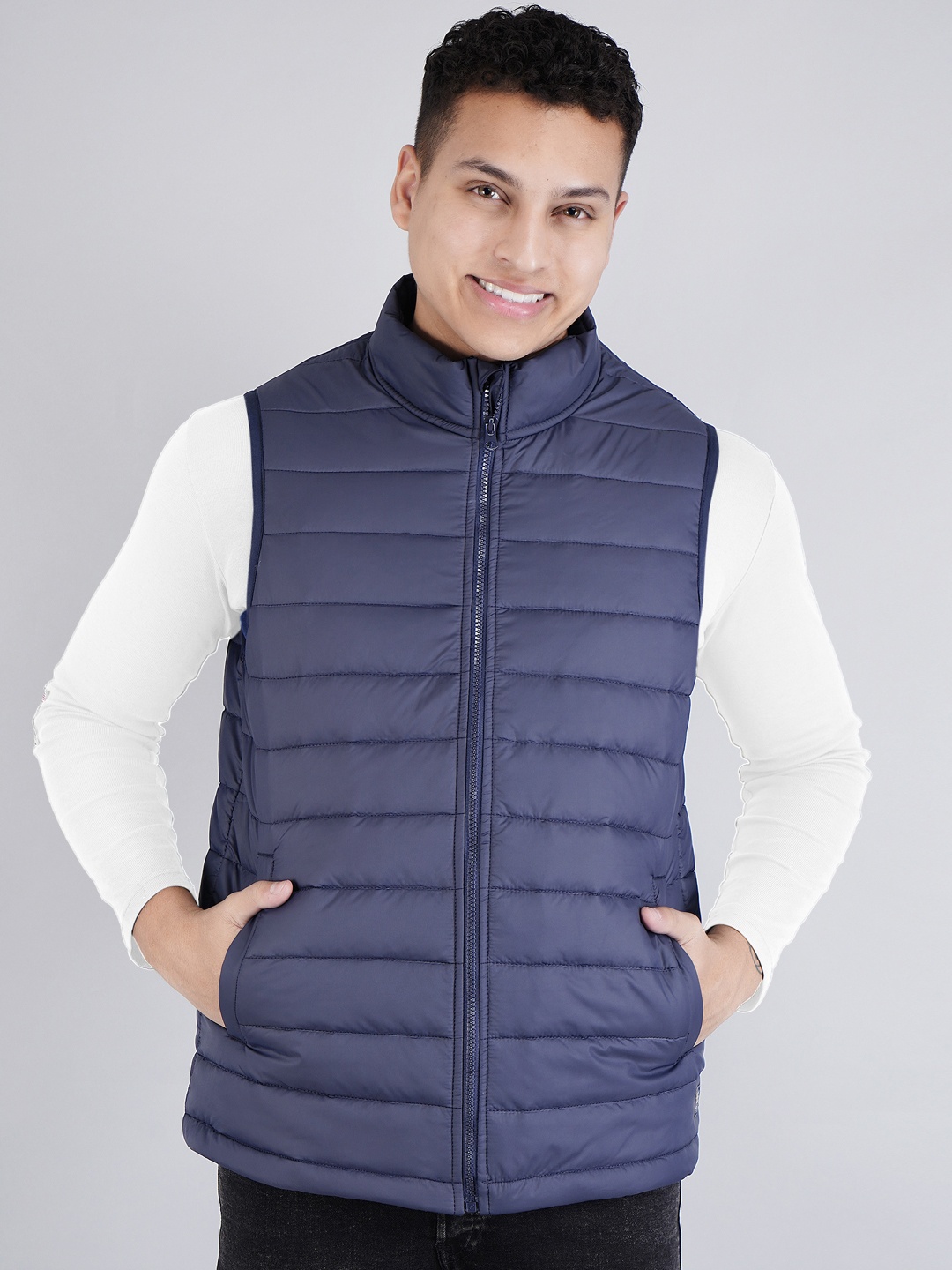 

BESIMPLE Mock Collar Sleeveless Windcheater Padded Jacket, Navy blue