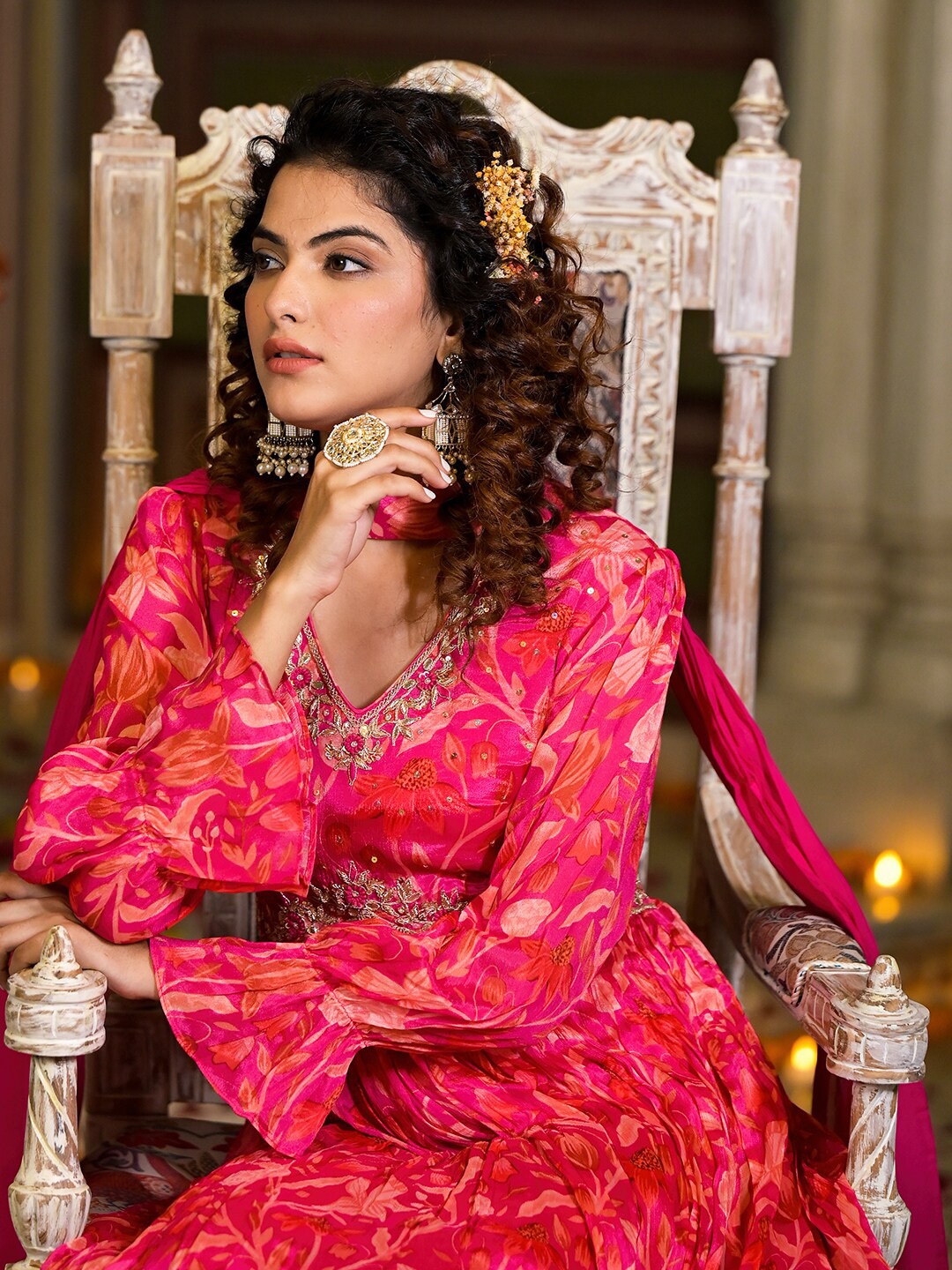 

Divena Floral Printed V-Neck Embroidered A-Line Ethnic Dress With Dupatta, Pink