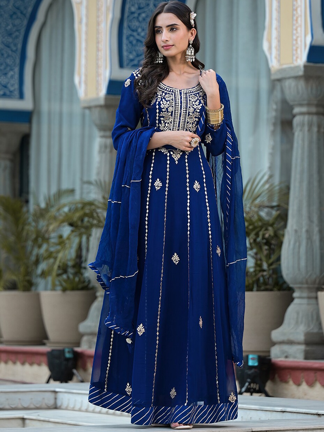 

Divena Gota Patii Embellished Maxi Ethnic Dress With Dupatta, Blue