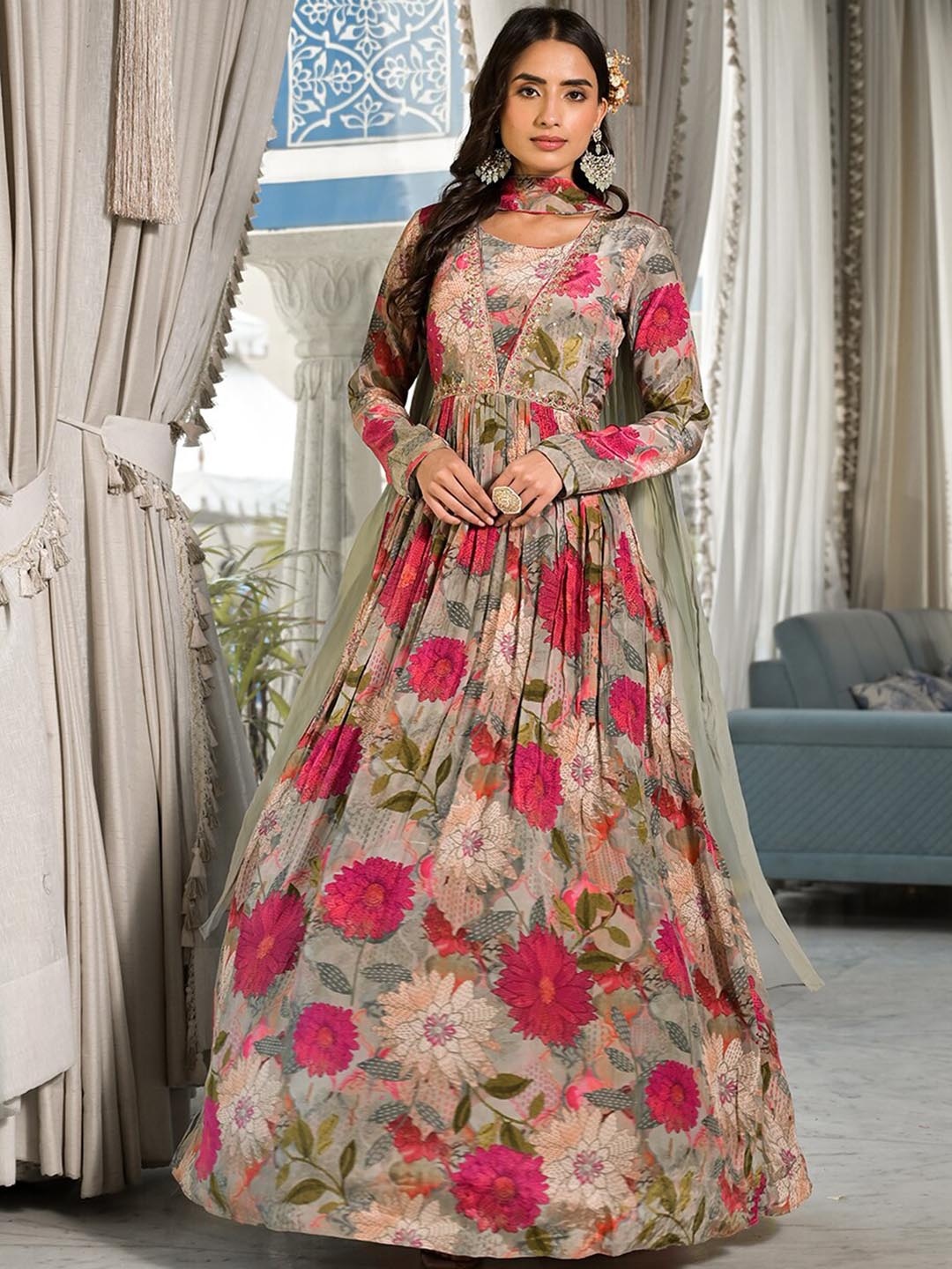 

Divena Floral Printed Embroidered A-Line Ethnic Dress With Dupatta, Pink