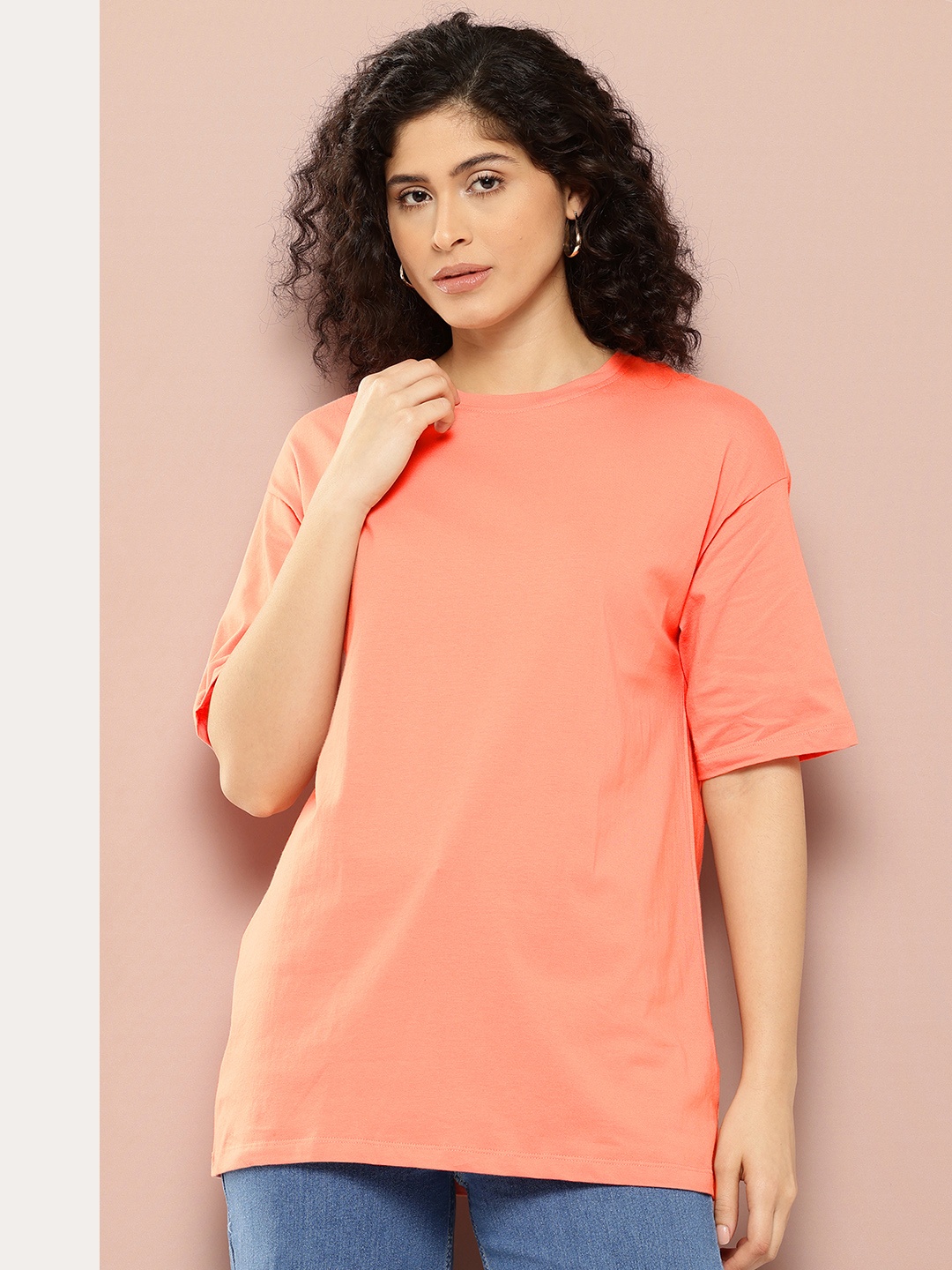 

Harvard Drop-Shoulder Sleeves Pure Cotton Applique-Detail T-shirt, Peach