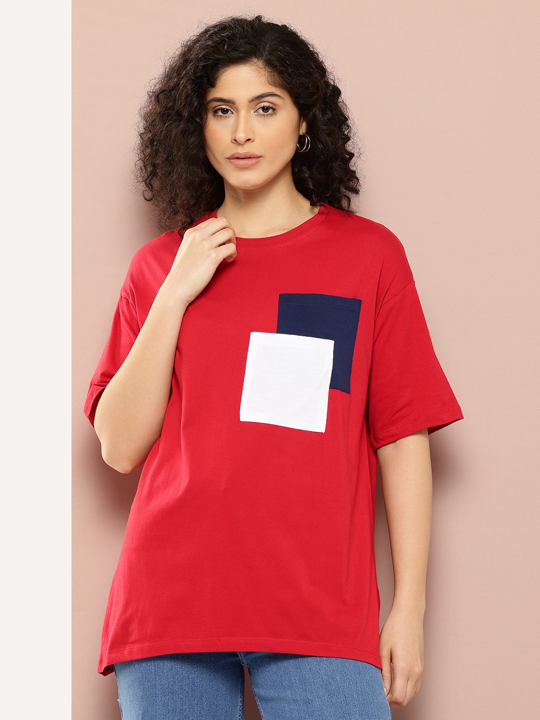 

Harvard Printed Drop-Shoulder Sleeves Pure Cotton T-shirt, Red